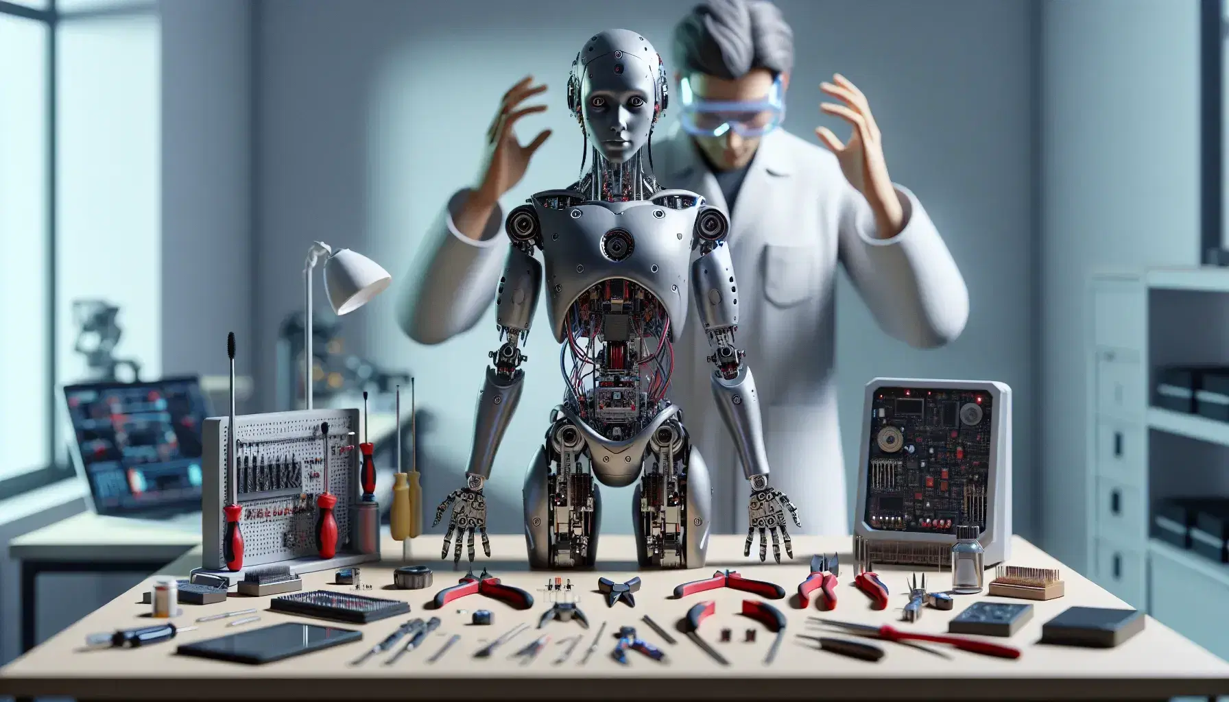 Robot humanoide en laboratorio de robótica con técnico manipulando control remoto, mesa de trabajo con herramientas y componentes electrónicos.