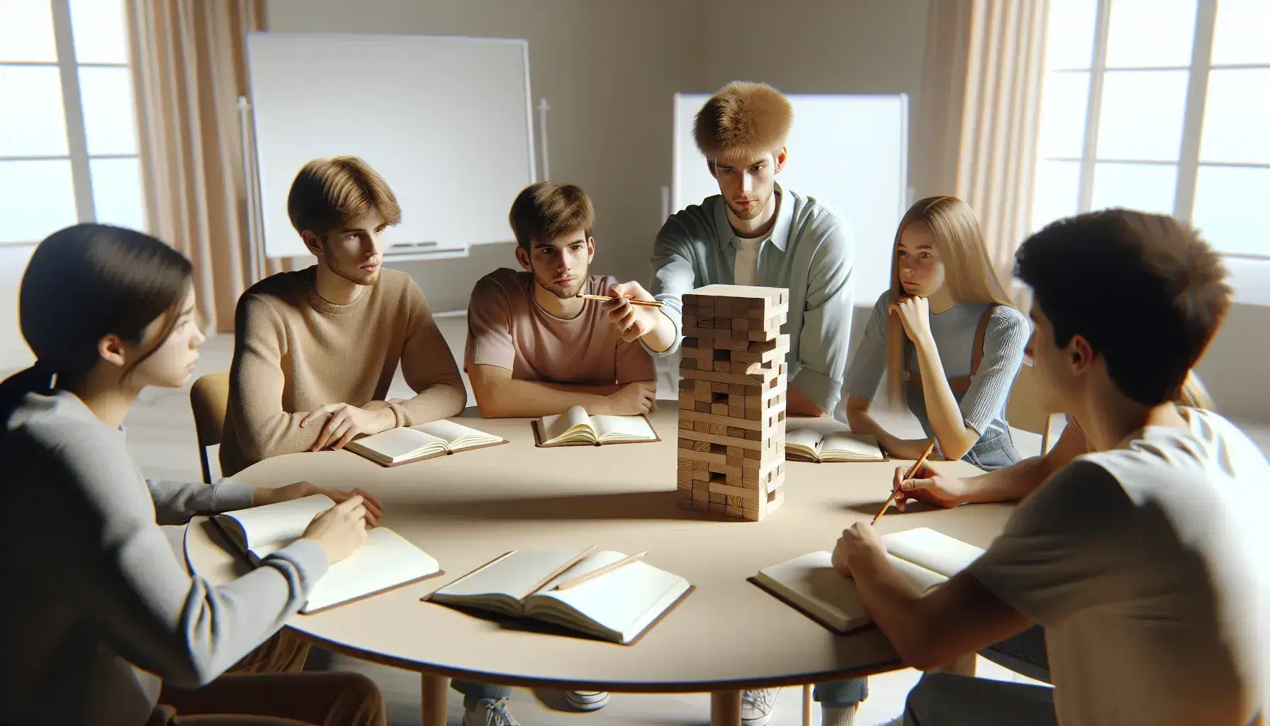 Cinco estudiantes alrededor de una mesa redonda analizan una estructura de bloques de madera durante una actividad de grupo, en un aula iluminada naturalmente.