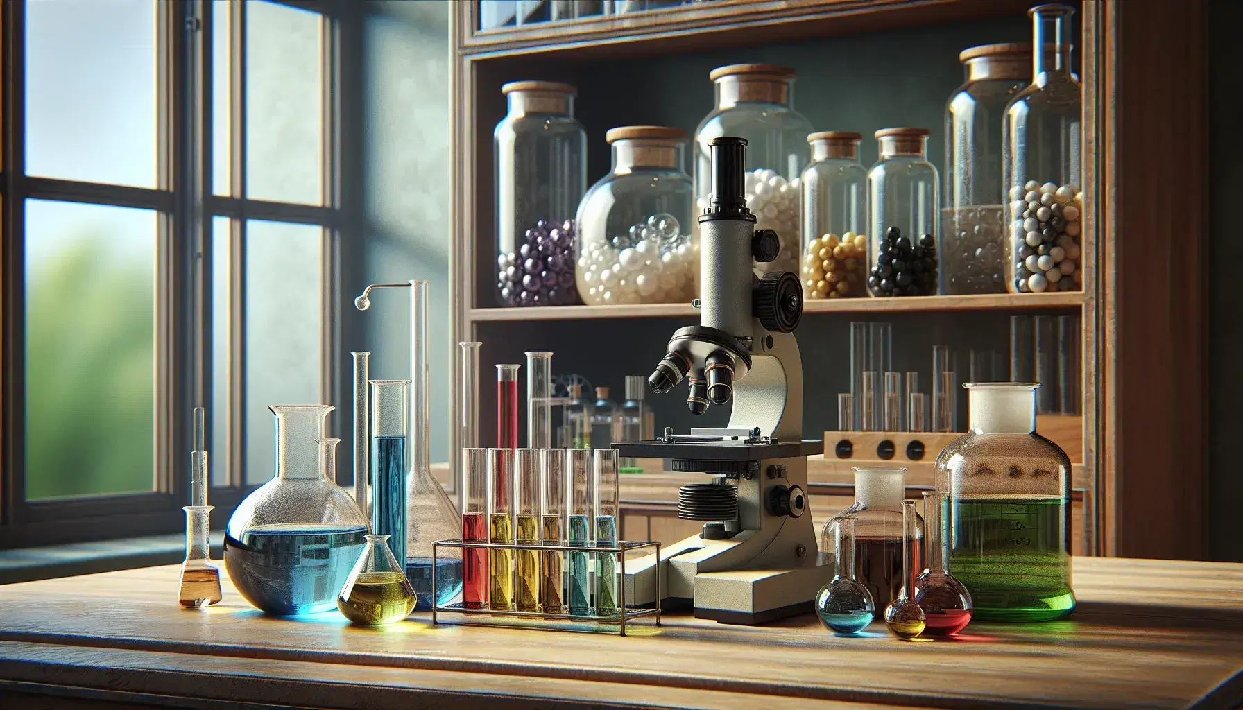 Laboratorio científico con tubos de ensayo de colores, mechero Bunsen encendido, microscopio óptico y estantería con frascos en un ambiente iluminado naturalmente.