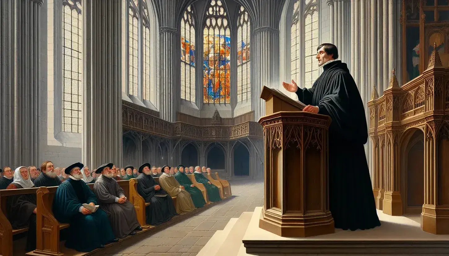 16th-century Grossmünster church interior with a clergyman preaching from a wooden pulpit to an attentive congregation, amidst colorful stained glass light.