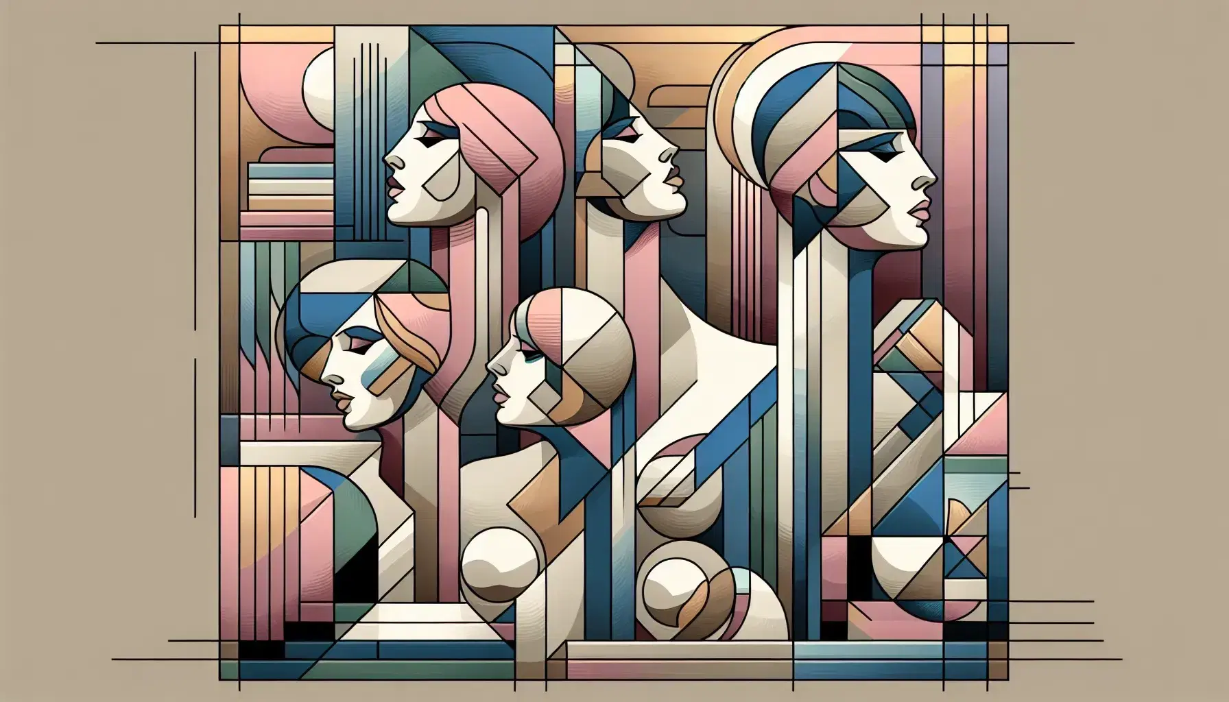Composizione astratta di cinque figure femminili geometriche in pose asimmetriche, colori rosa, blu, beige, giallo e verde su sfondo stilizzato.