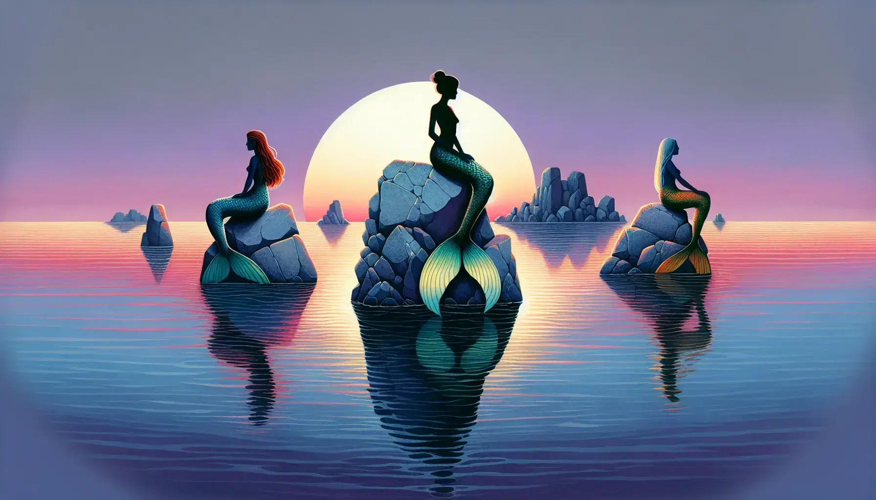 Tre sirene su scogli al tramonto, con cielo sfumato rosa-arancio e mare calmo che riflette i colori, dai capelli rossi, neri e biondi e code variopinte.