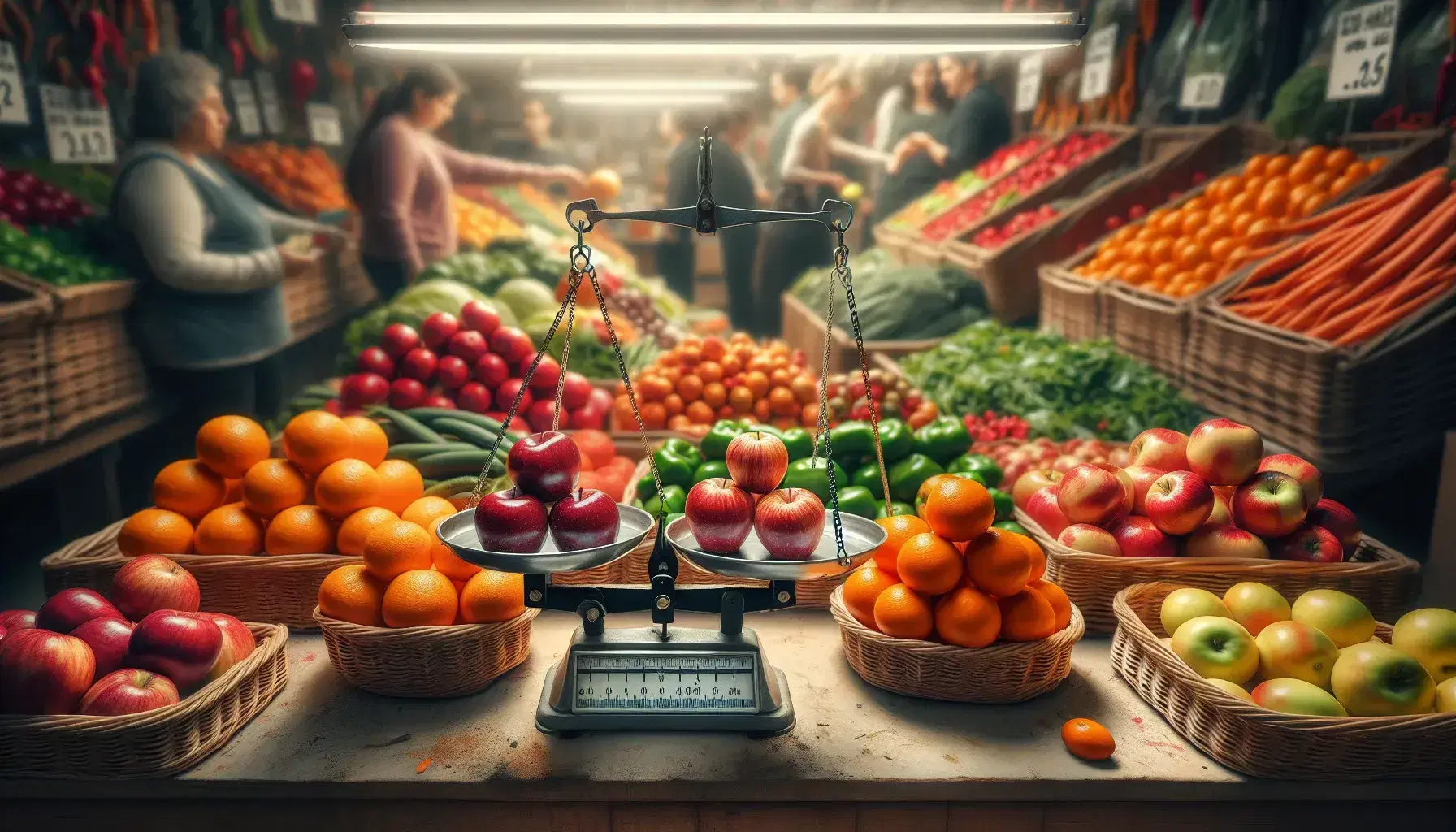 Báscula con manzanas rojas y verdes equilibrando naranjas, canastas de zanahorias, pimientos y tomates en mercado, con compradores al fondo.