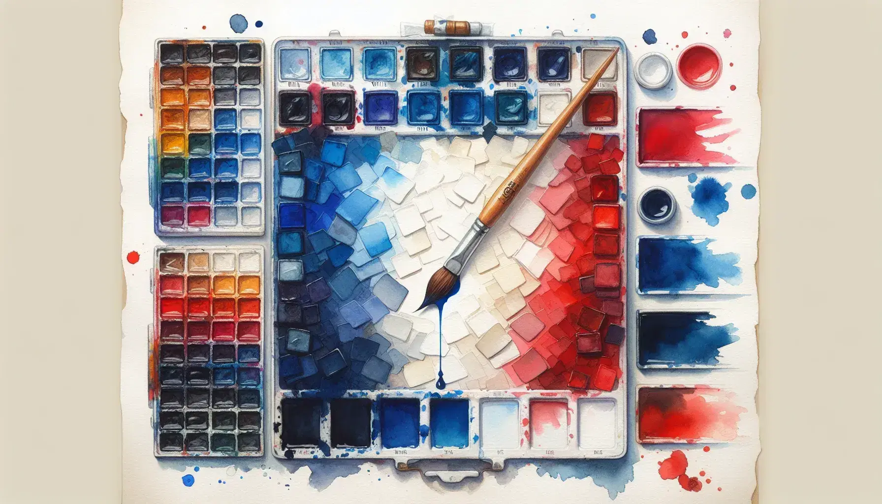 Watercolor palette with French flag colors, featuring shades of blue, white, and red, a paintbrush dipped in navy, and swatches on textured paper.