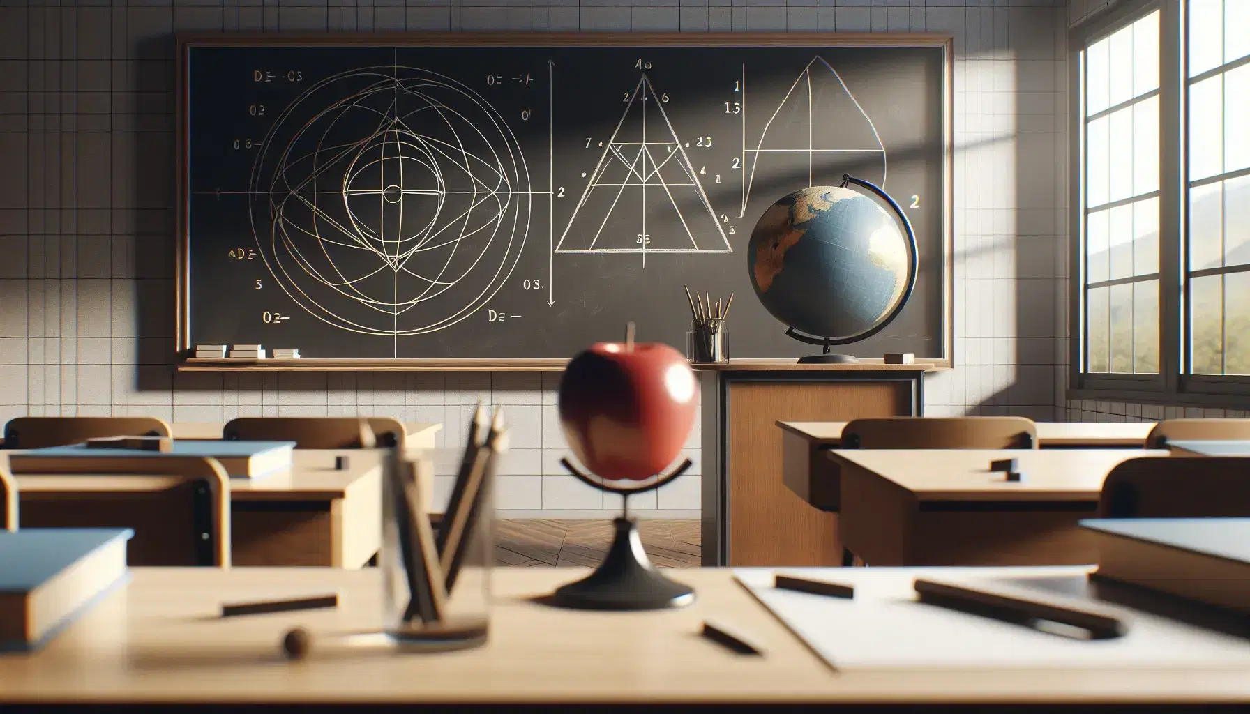 Classroom with blackboard showing geometric shapes, teacher's desk with apple, water glass, and globe, in a sunlit, orderly setting.