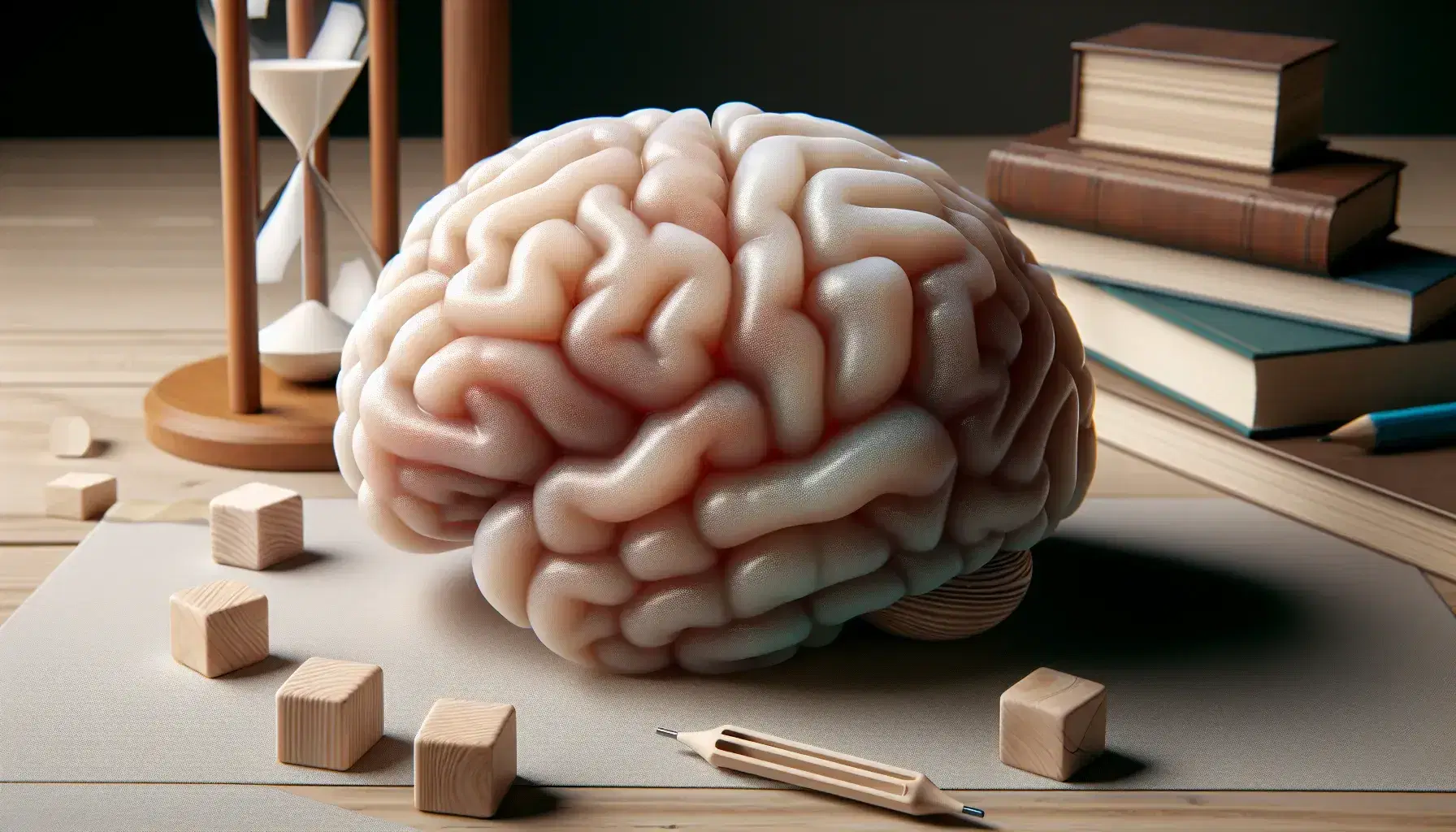 Cerebro humano tridimensional y translúcido sobre mesa de madera, rodeado de bloques geométricos y un reloj de arena, con estantería de libros al fondo.