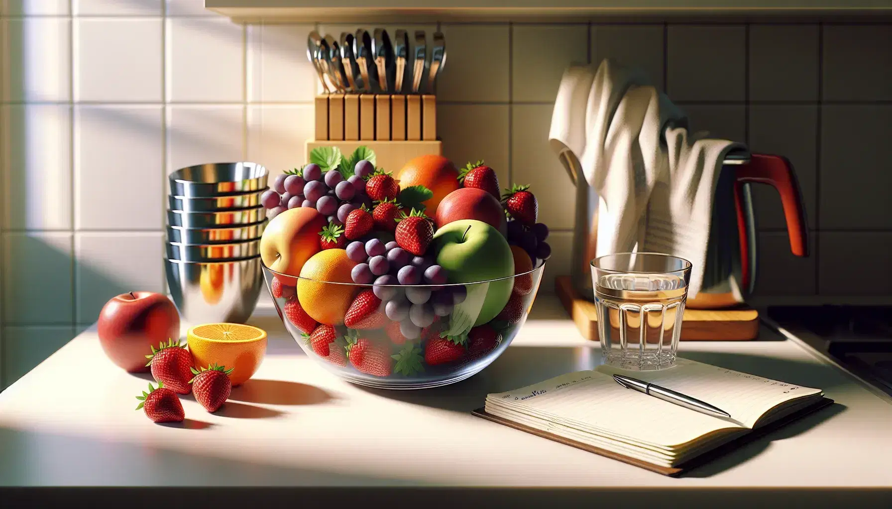 Glass bowl with assorted fresh fruits, stainless steel measuring cups blurred in background, glass of water and notebook with pen on bright kitchen countertop.