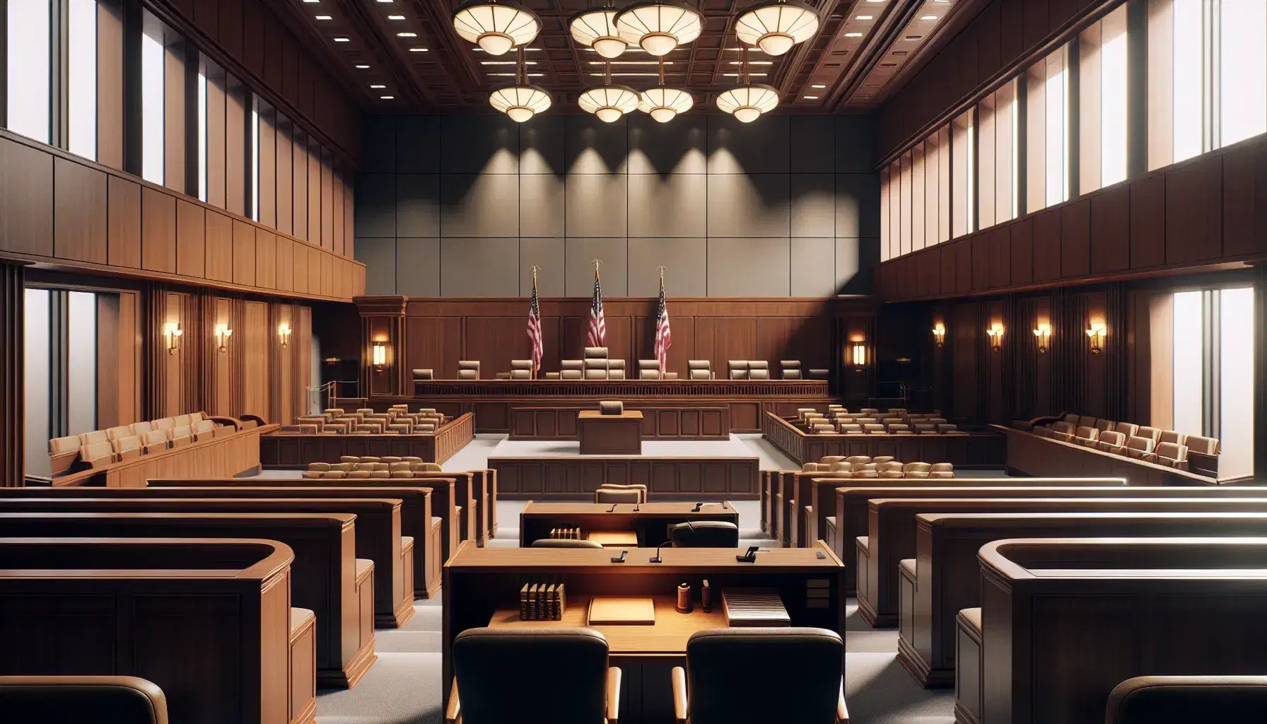 Sala de tribunal vacía con bancas de madera, estrado del juez con silla de cuero y bandera nacional, iluminada por lámparas y luz natural.
