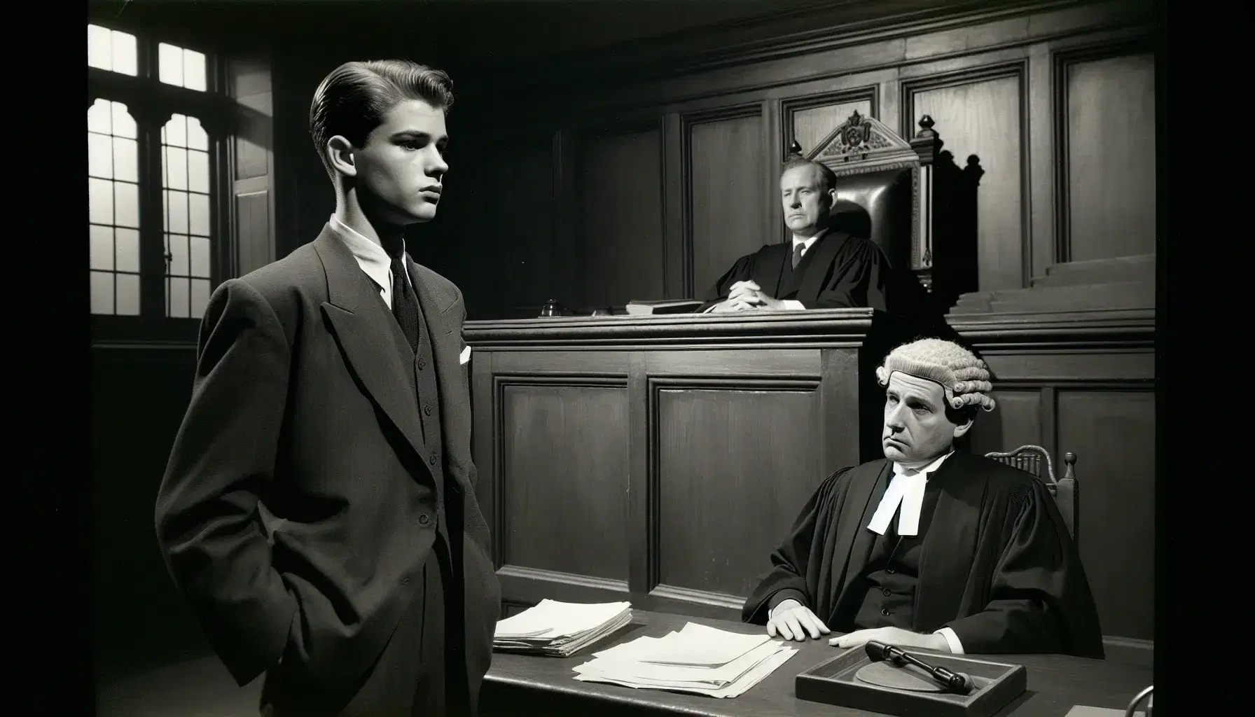Mid-20th-century courtroom scene with a young man in a suit standing at the dock and a Middle-Eastern barrister in traditional attire, papers in hand.