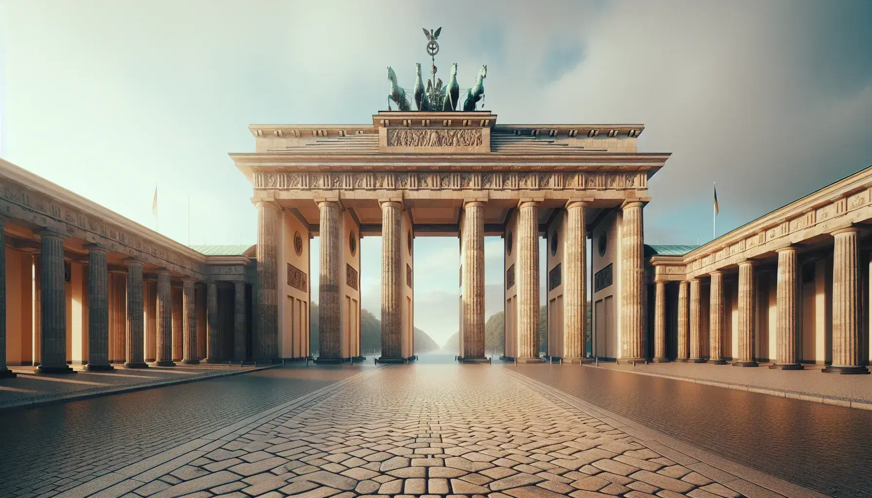 Porta di Brandeburgo a Berlino con cielo sereno, colonne doriche e Quadriga in rilievo, pavimento geometrico in primo piano.