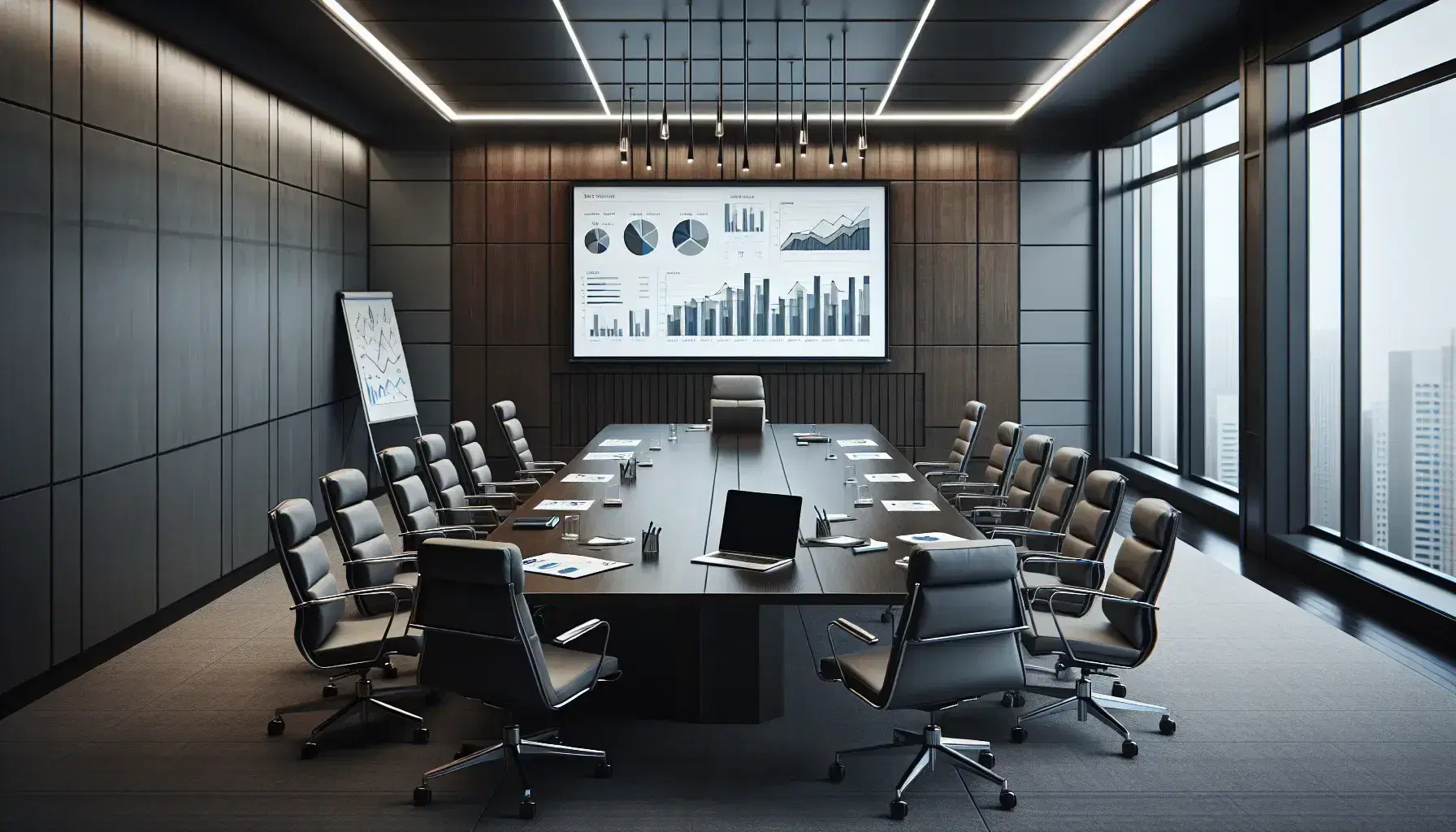 Sala de reuniones corporativa con mesa rectangular, sillas ergonómicas grises, gráficos impresos, laptop y pizarra blanca en un entorno iluminado y ordenado.