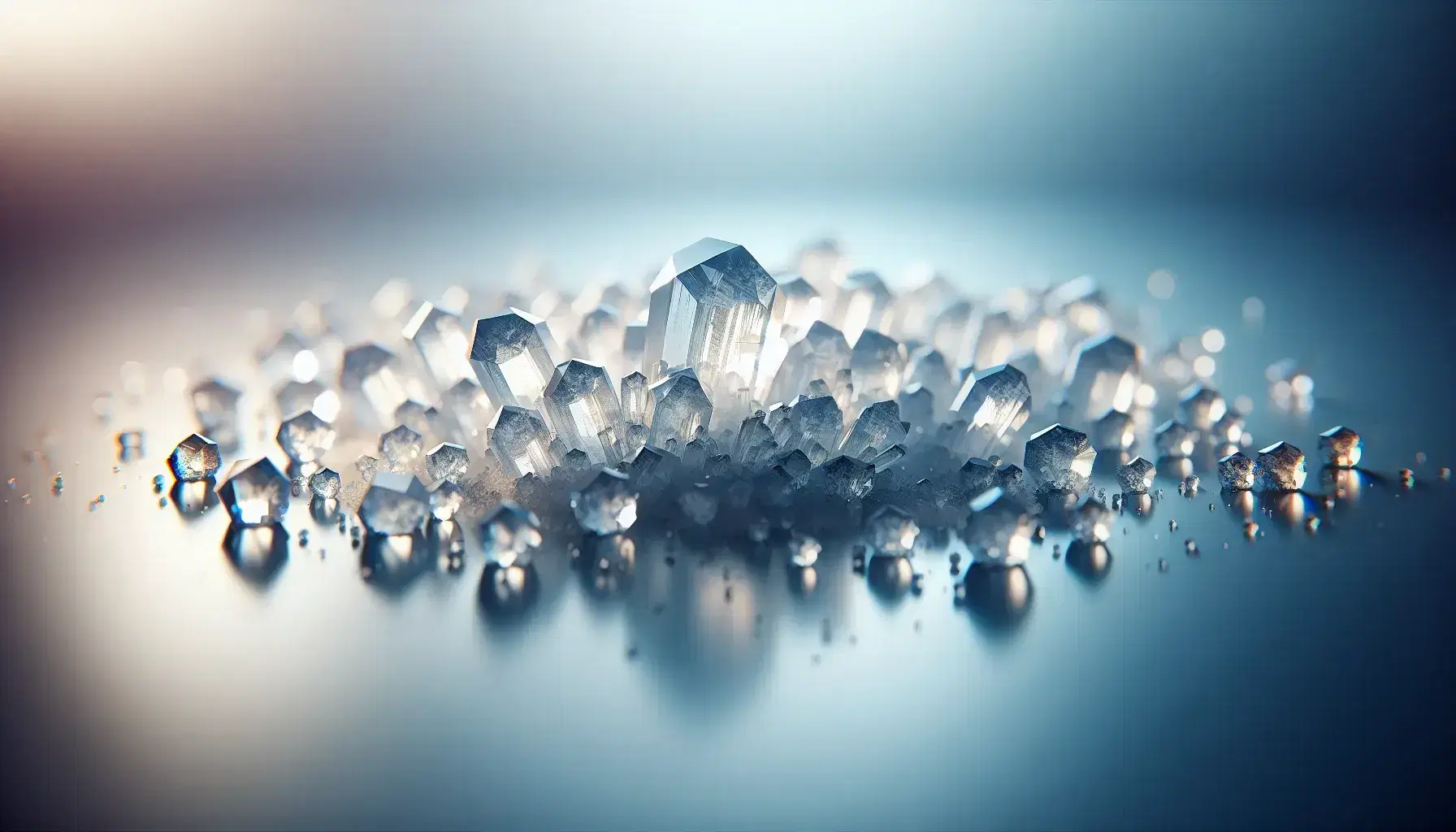 Translucent crystalline structures with blue shades on a reflective surface, various sizes, light from the left, white-blue background.