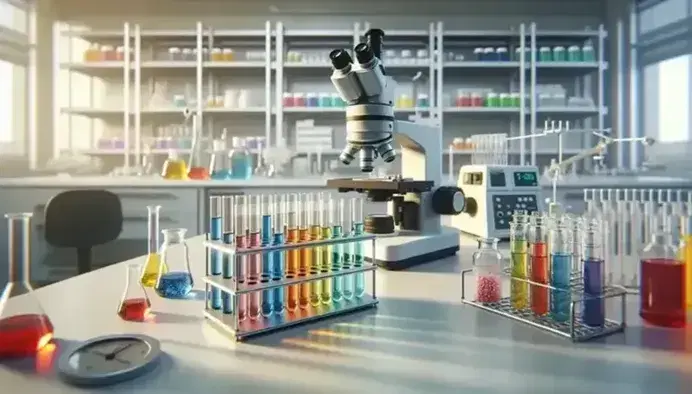 Laboratorio de investigación con tubos de ensayo de colores en estante metálico, microscopio plateado y balanza analítica en fondo con estantes de químicos.