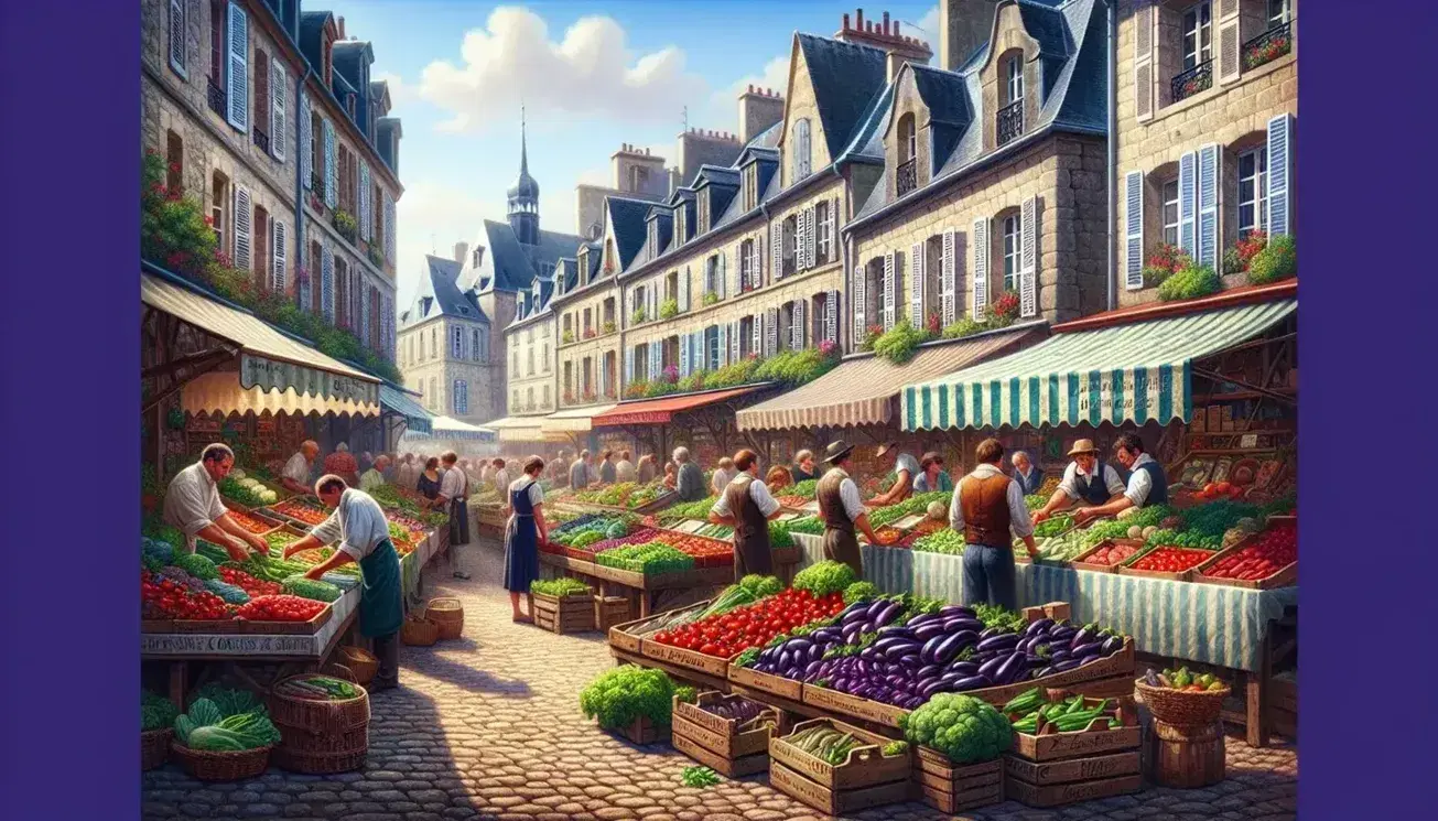Bustling French outdoor market with colorful produce on wooden stalls, lively shoppers, and traditional stone buildings under a clear blue sky.