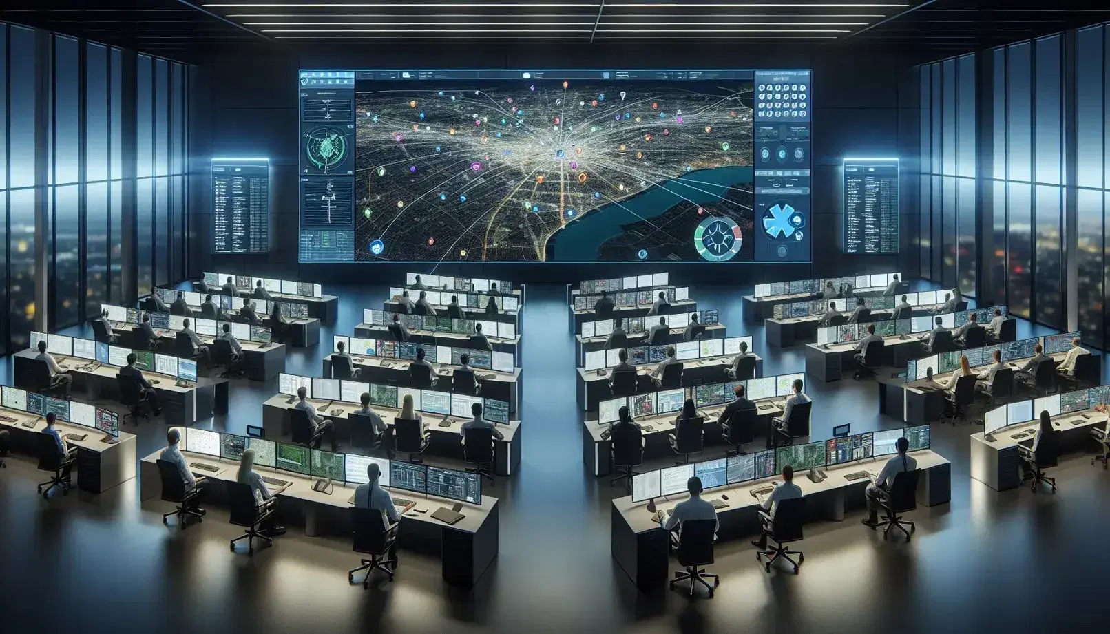 Modern command and control center with operators at desks monitoring screens, large digital city map on screen, ambient blue and white lighting.