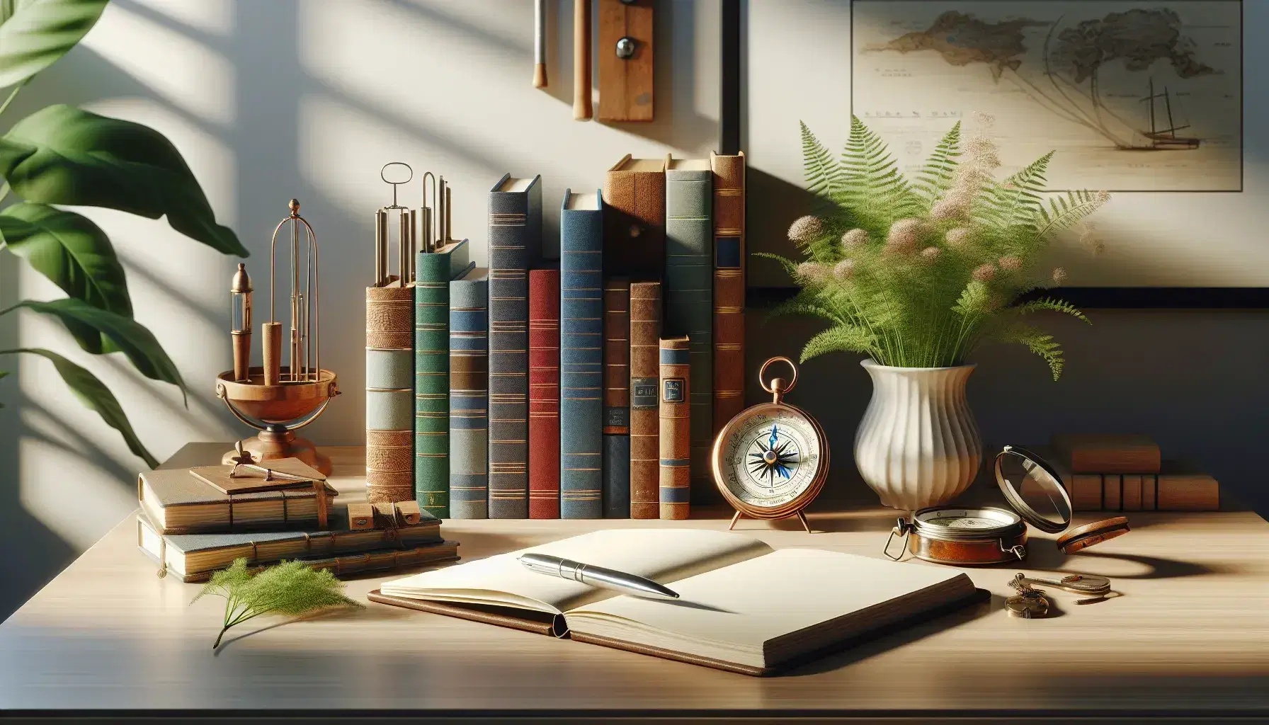 Mesa de madera clara con libros apilados, lupa, brújula antigua, cuaderno abierto con bolígrafo y planta en flor bajo luz natural.