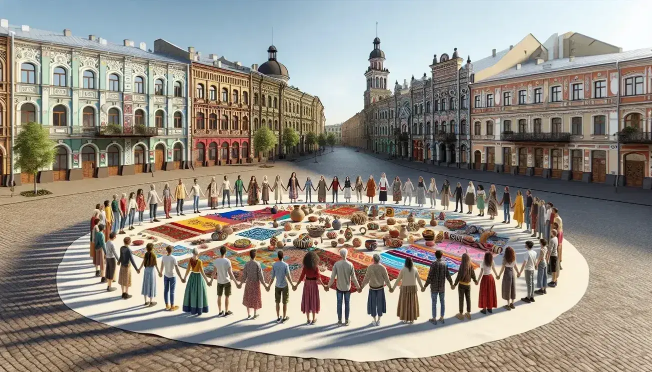 Grupo diverso unido de manos en círculo en plaza con edificios históricos, objetos artesanales en el centro y árbol en primer plano.