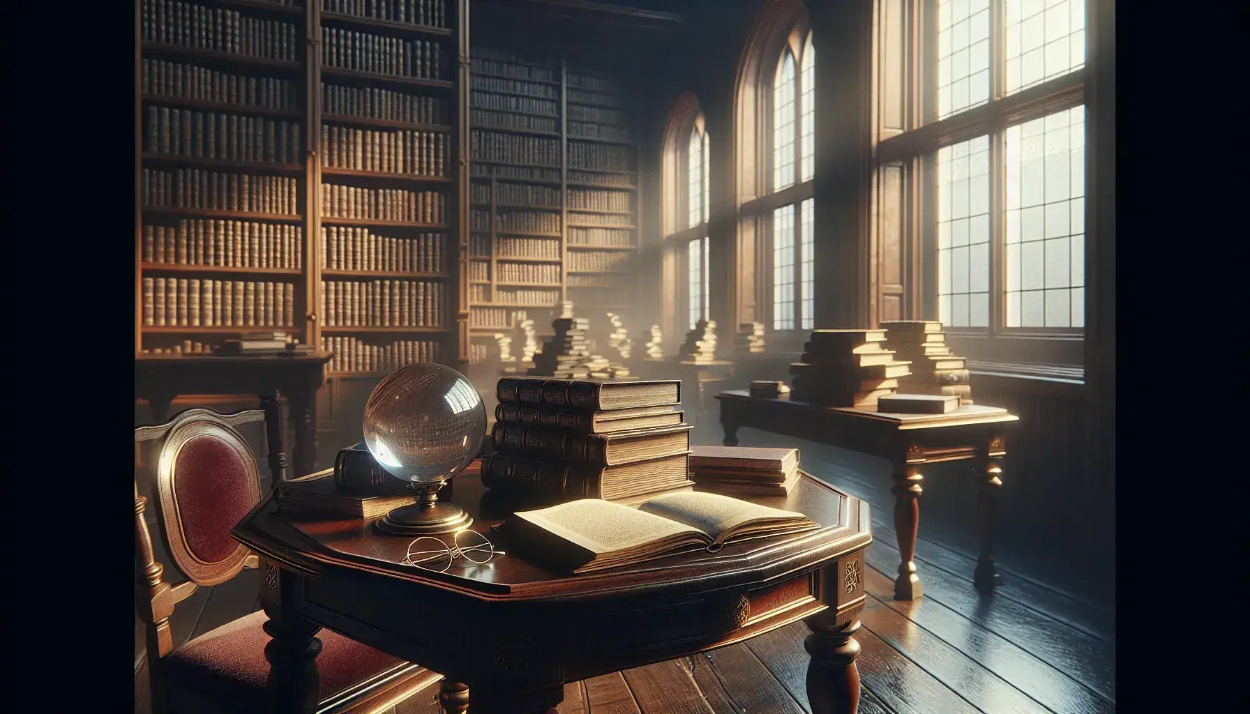 Biblioteca antigua con mesa de madera oscura y libros apilados, esfera de vidrio y estantes llenos de libros bajo luz natural.