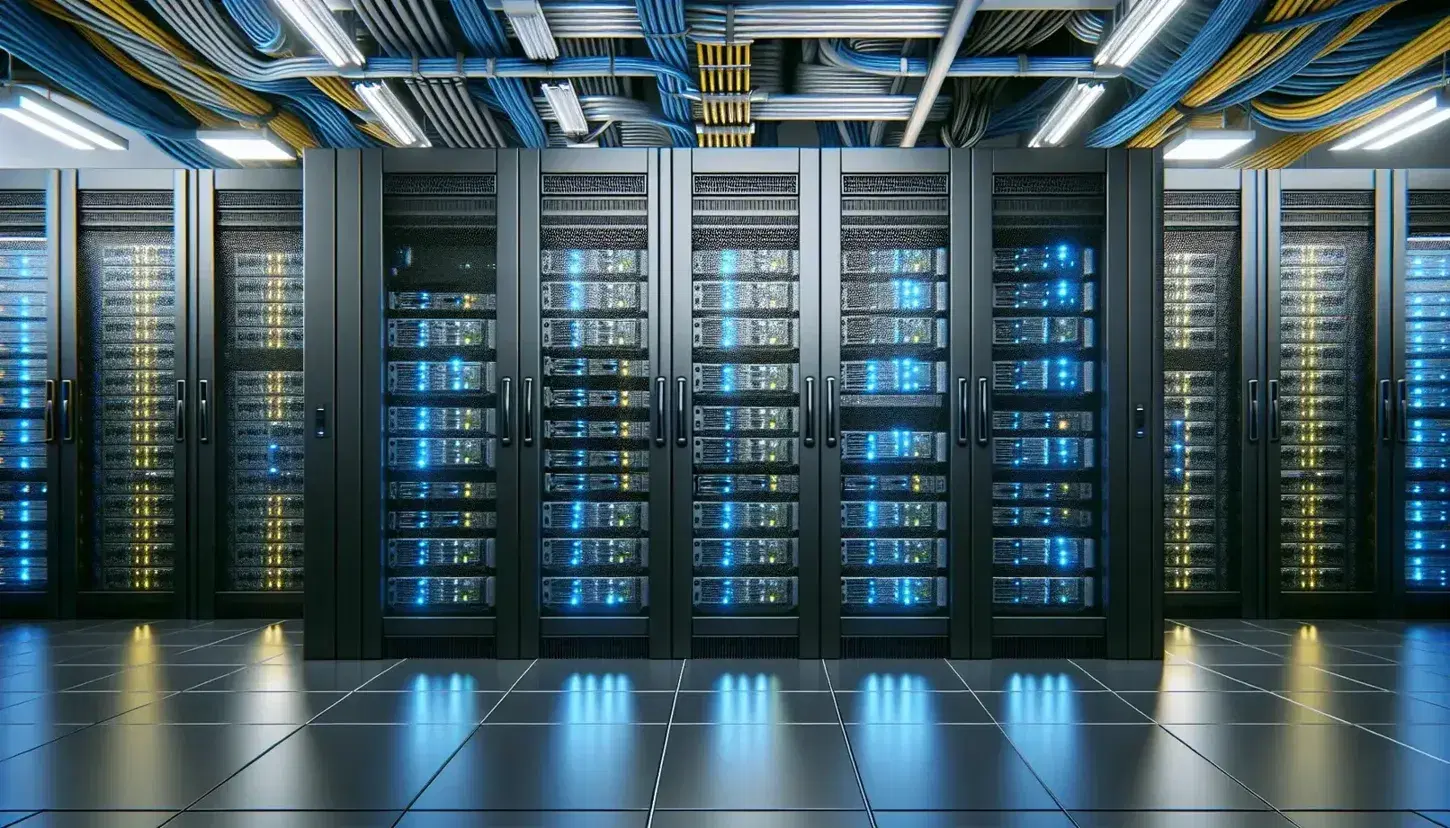 Close-up view of a modern server room with black racks illuminated by blue LEDs, reflective checkered floor and colorful textured cables to the ceiling.