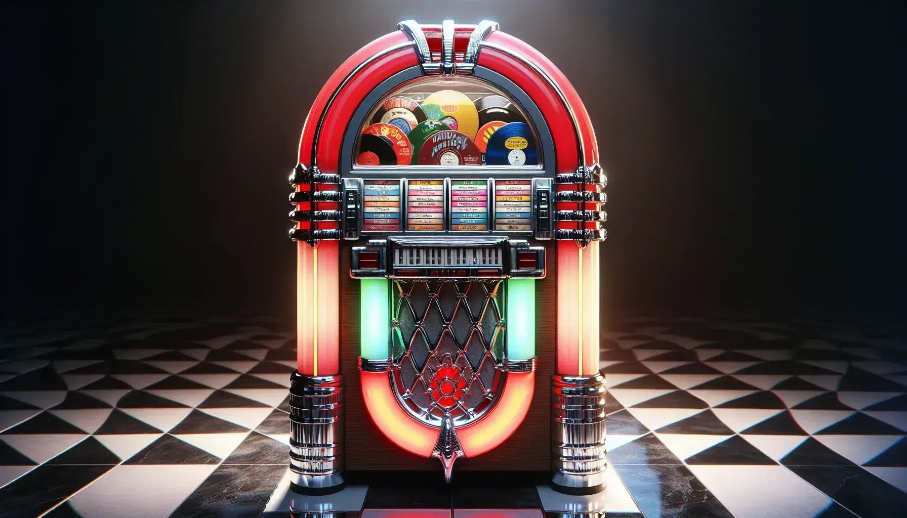 Vintage 1950s chrome jukebox with glossy red panel and colorful buttons, records visible behind glass, on a black and white tiled floor, guitar in background.