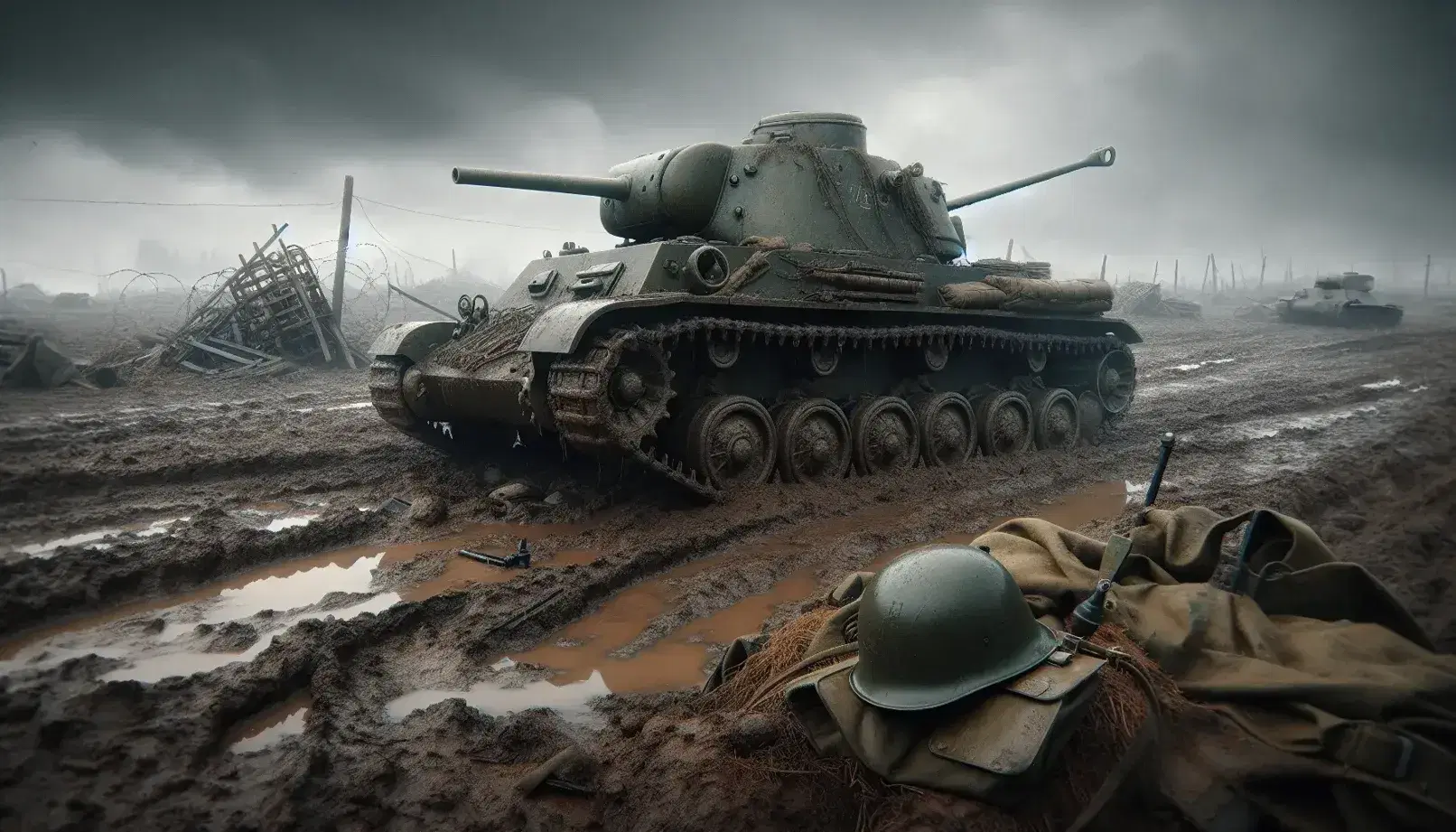 Tanque de la Segunda Guerra Mundial inactivo en un campo de batalla desolado con casco militar, alambre de púas y cielo nublado.