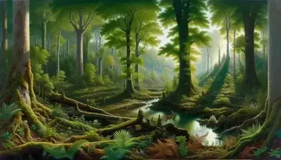Lush forest with leafy trees, clear stream, deer drinking, squirrel on branch and bird flying, without human presence.