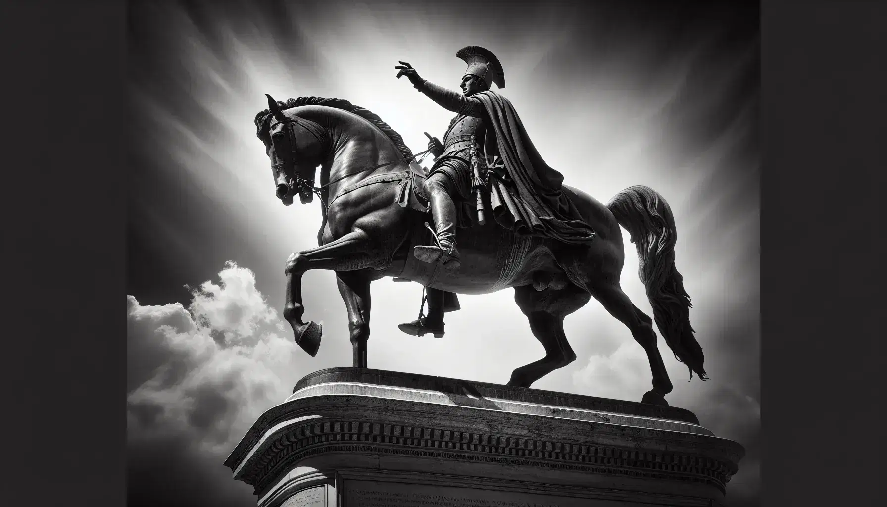 Statua equestre in bronzo di figura maschile in abiti militari su piedistallo in pietra, Piazza Venezia, Roma, sotto cielo nuvoloso.