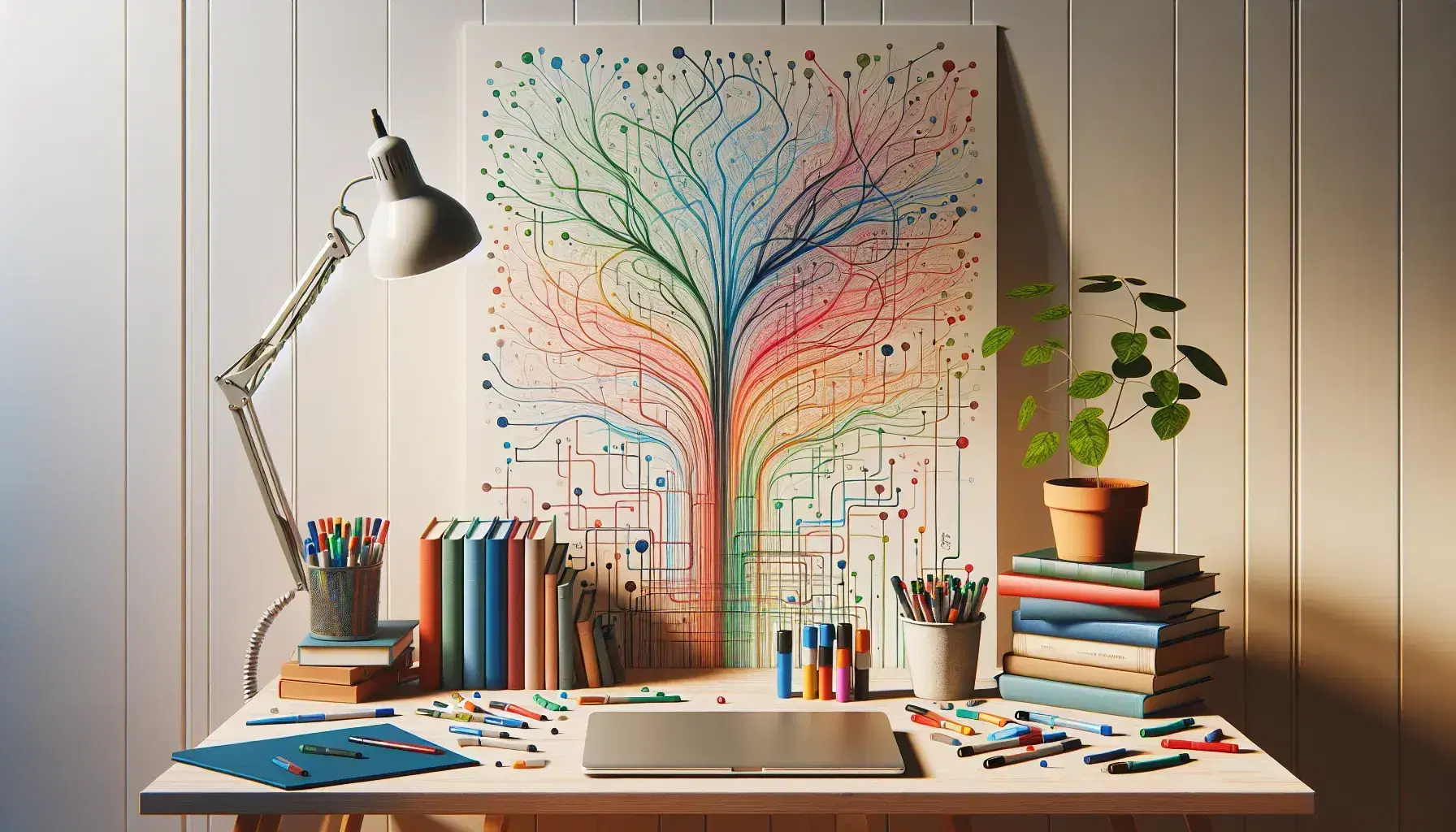 Scrivania in legno chiaro con foglio bianco e linee colorate, libri impilati, pianta verde, pennarelli e laptop parzialmente visibile.