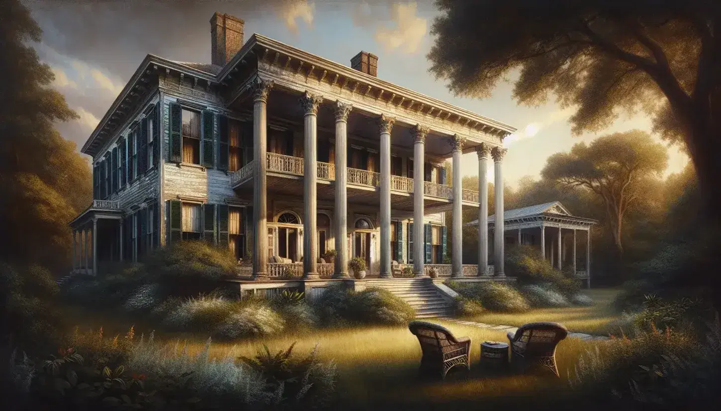 Grand Southern mansion with peeling paint, white columns, and an overgrown garden at sunset, reflecting a bygone era of elegance.