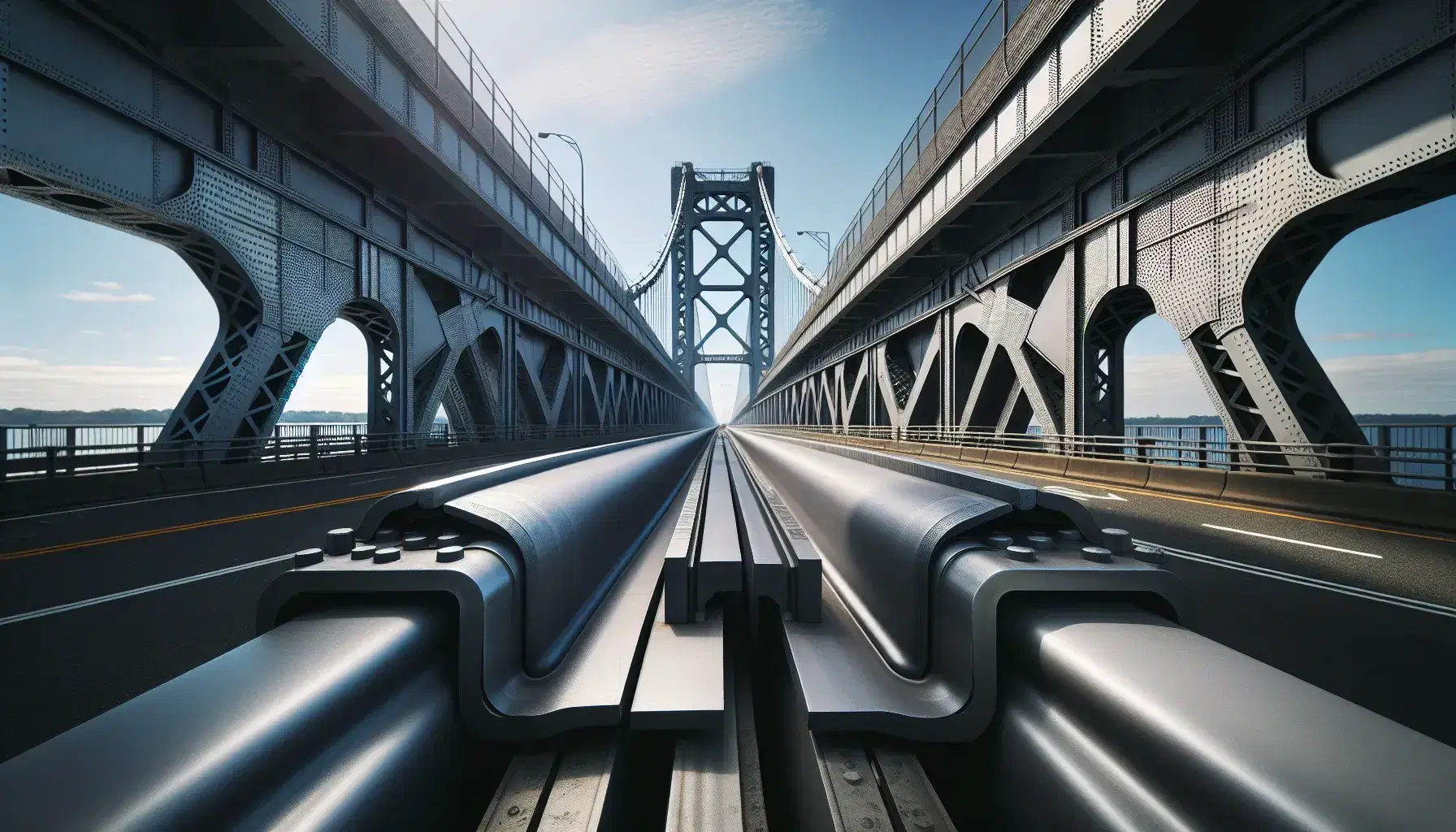 Primer plano de junta de expansión metálica en puente de acero con cielo azul claro de fondo y carretera visible en la parte inferior.