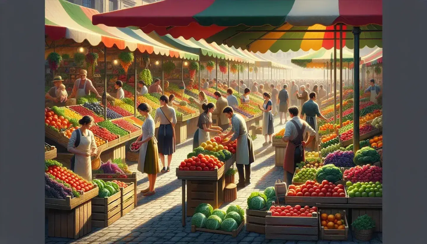 Mercado al aire libre con puestos de frutas y verduras frescas, vendedores atendiendo a clientes diversos bajo toldos coloridos en un día soleado.