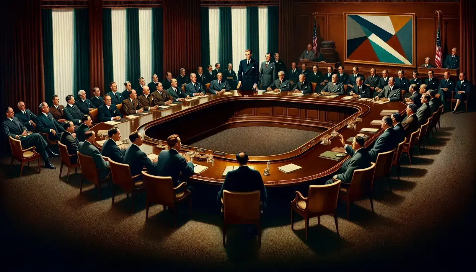Historic mid-20th-century conference room with participants engaged in serious discussion around a large oval table, reflecting the era's fashion and decor.