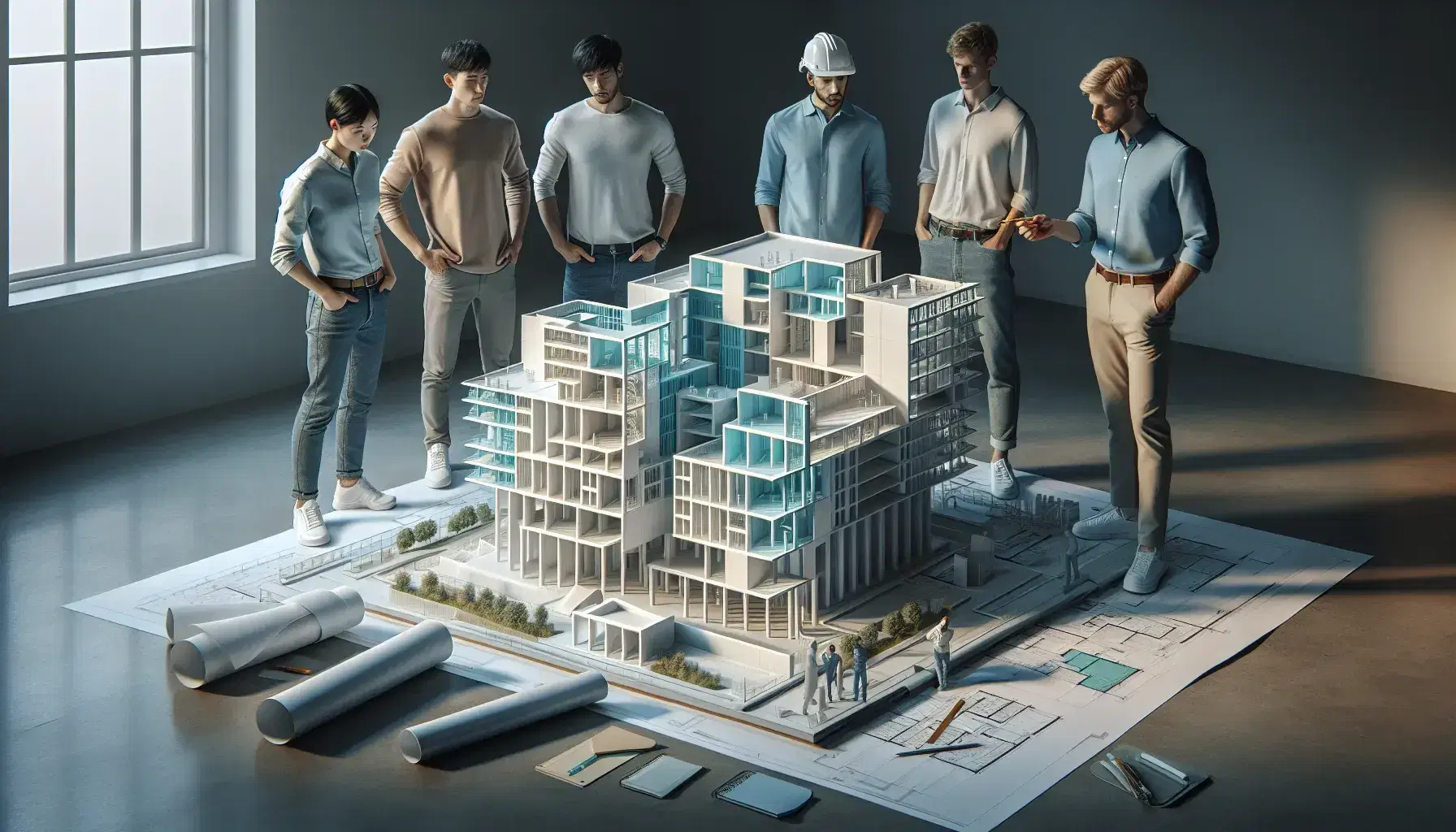 Grupo de cinco profesionales de la construcción analizando un modelo arquitectónico detallado en una mesa de trabajo con cascos de seguridad, laptop y planos.