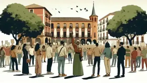 Peaceful multiethnic demonstration in a Spanish city square with a Middle-Eastern woman leading, surrounded by diverse attendees under a clear blue sky.