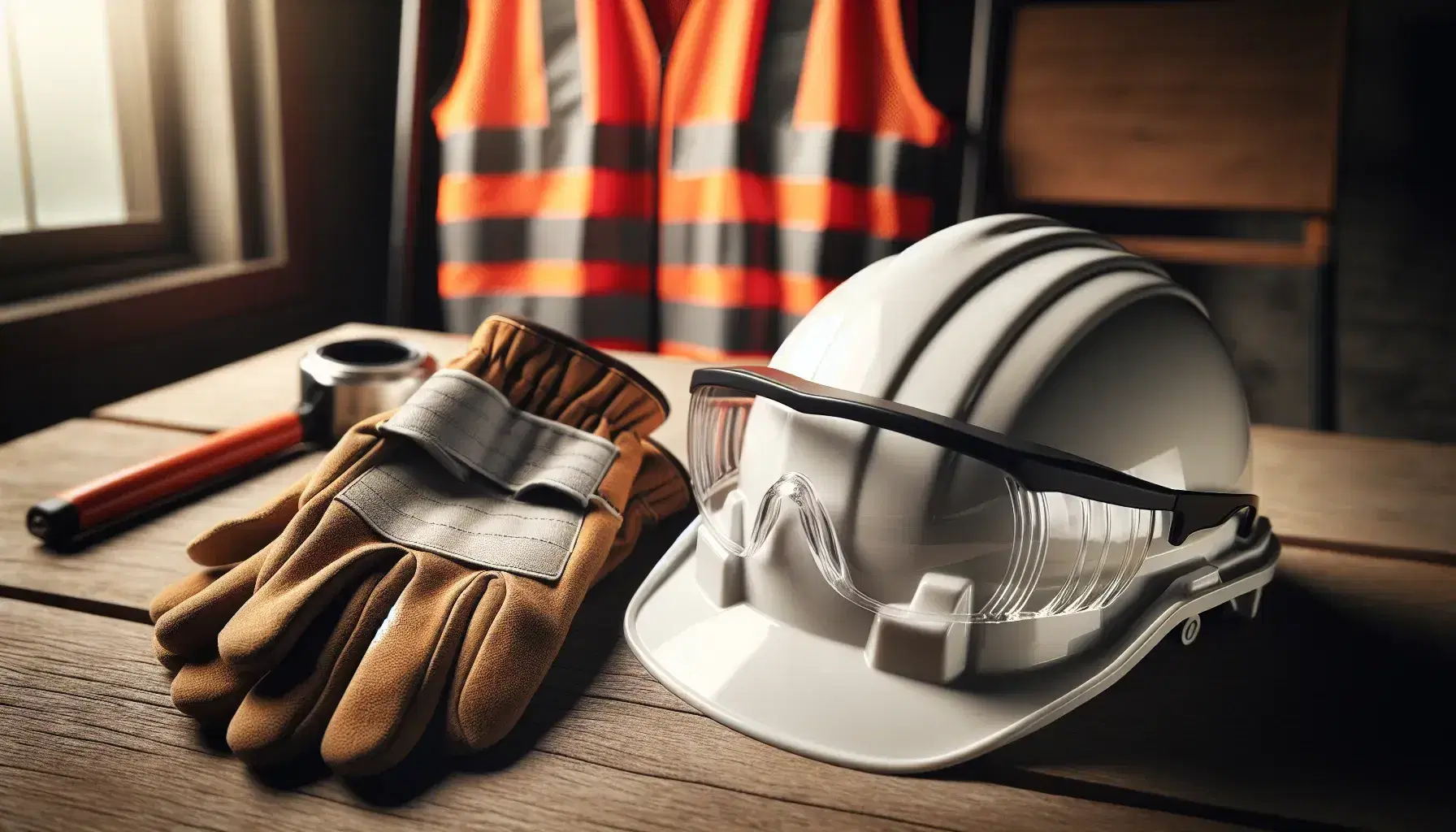 Casco de seguridad blanco sobre mesa de madera junto a guantes de trabajo de cuero y gafas protectoras, con chaleco reflectante naranja al fondo.