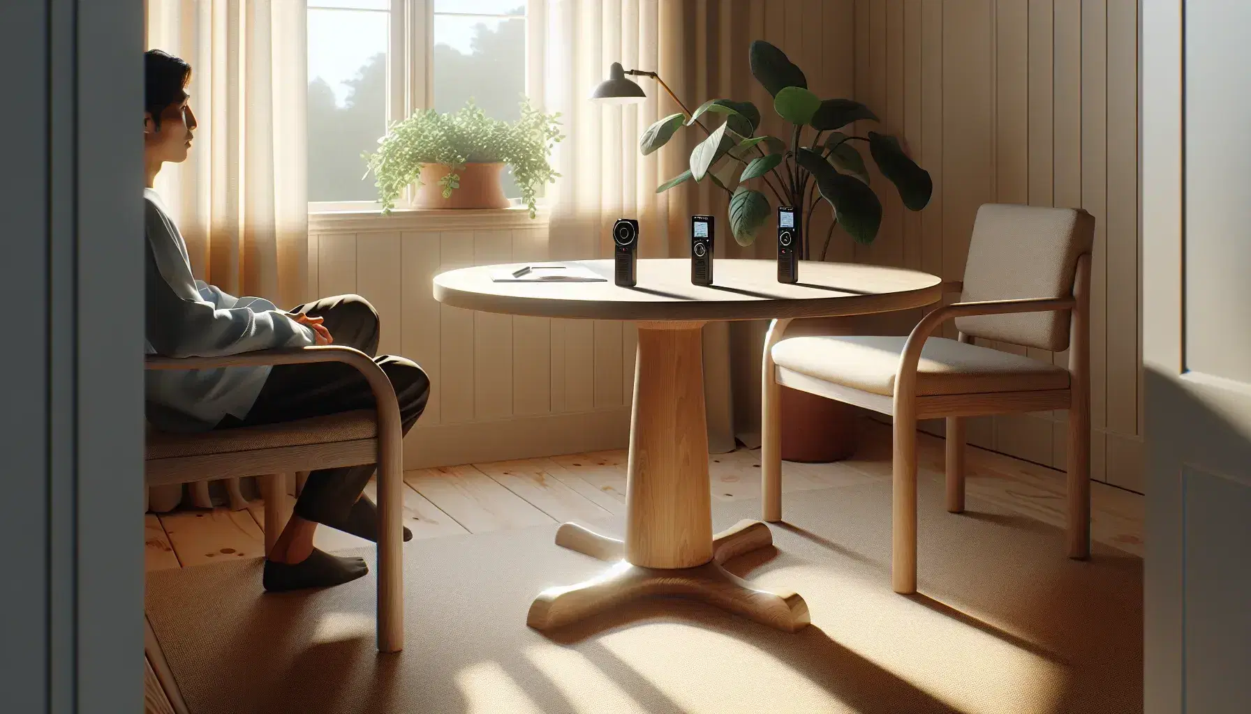 Mesa redonda de madera con dos grabadoras digitales y hoja blanca, persona sentada con camisa azul claro, planta de interior al fondo y luz natural.