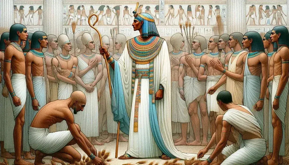 Escena del antiguo Egipto con hombre de alto rango en atuendo blanco y azul, portando cetro y rodeado de súbditos en labores de cosecha.