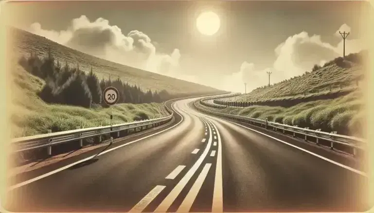 Strada asfaltata che serpeggia tra colline verdi con barriere di sicurezza, cielo sereno e auto parcheggiata con luci di emergenza.