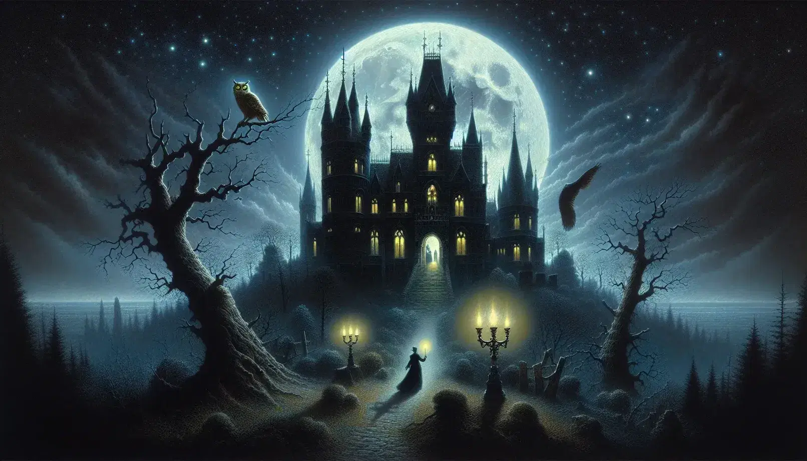 Mansion gotica su una collina illuminata dalla luna piena, con gufo su un ramo e figura vittoriana con candelabro nella notte stellata.