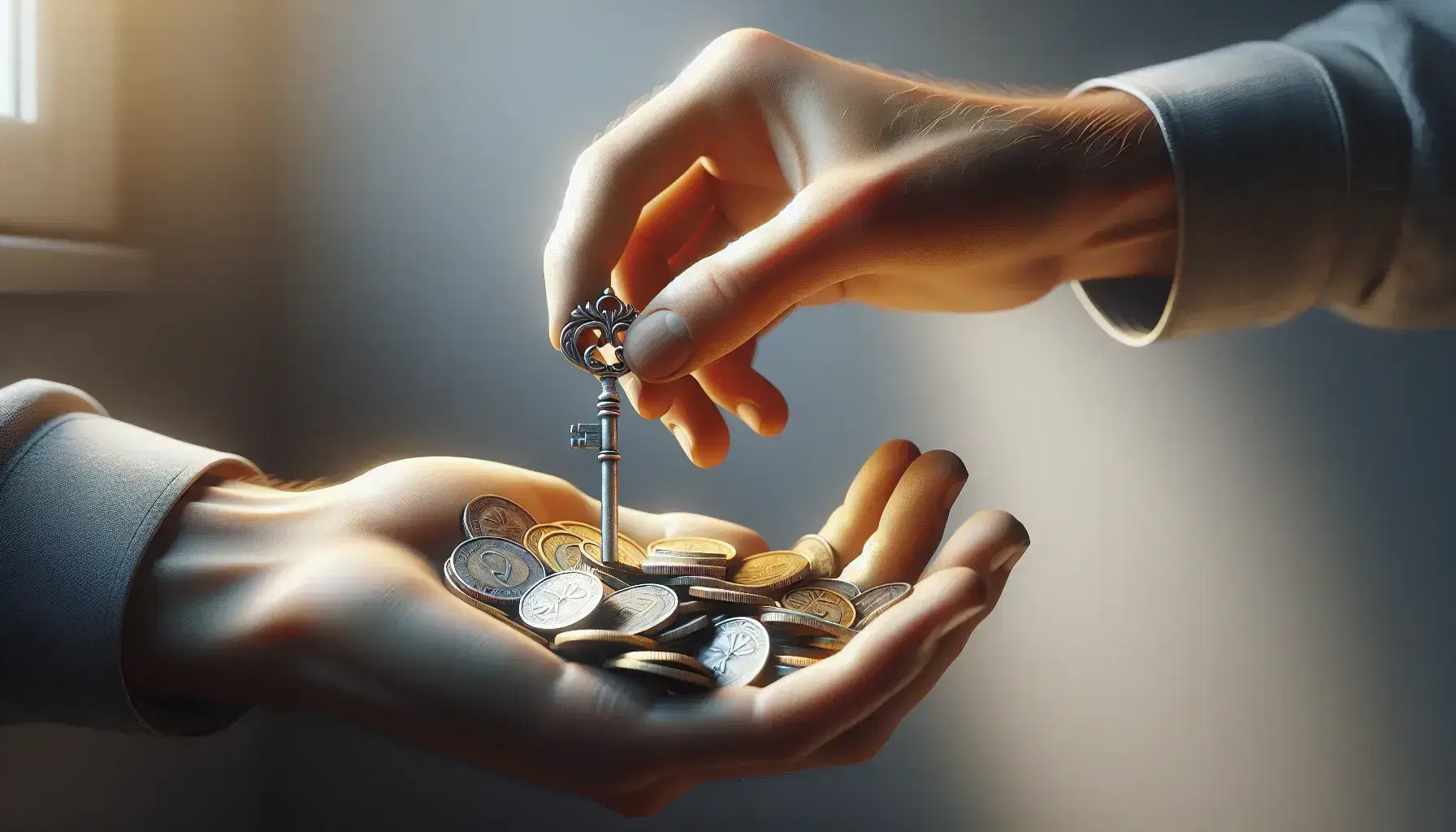 Manos realizando un intercambio, una ofrece monedas de distintos tamaños y colores y la otra extiende una llave metálica.