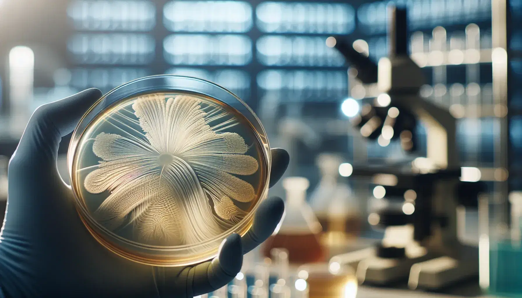 Close-up view of bacterial growth in a petri dish with swirling patterns on agar, set against a blurred laboratory backdrop.