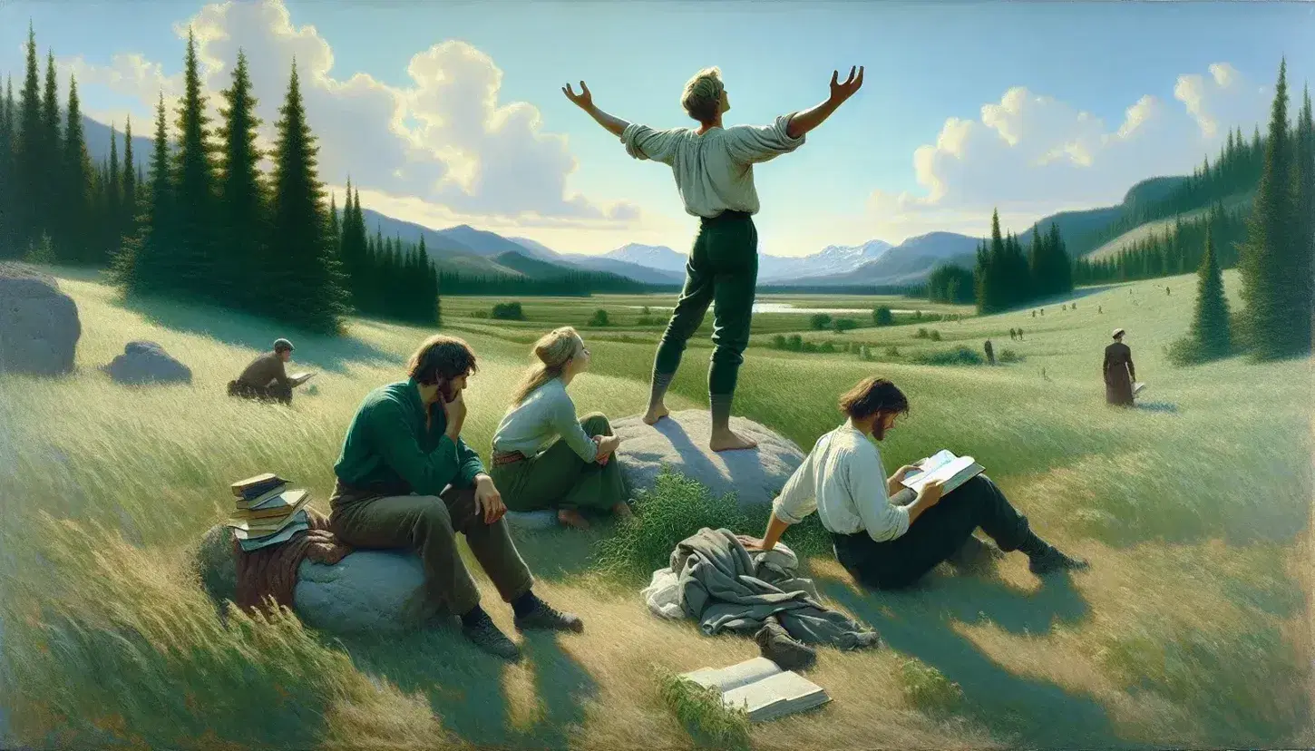 Grupo de tres personas disfrutando de la naturaleza, una celebra con brazos alzados, otra reflexiona y la tercera lee un libro en un paisaje verde con montañas.