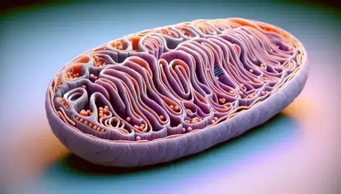 Detailed three-dimensional model of a mitochondrion with double membrane and internal folds called cristae on a blue-white gradient background.