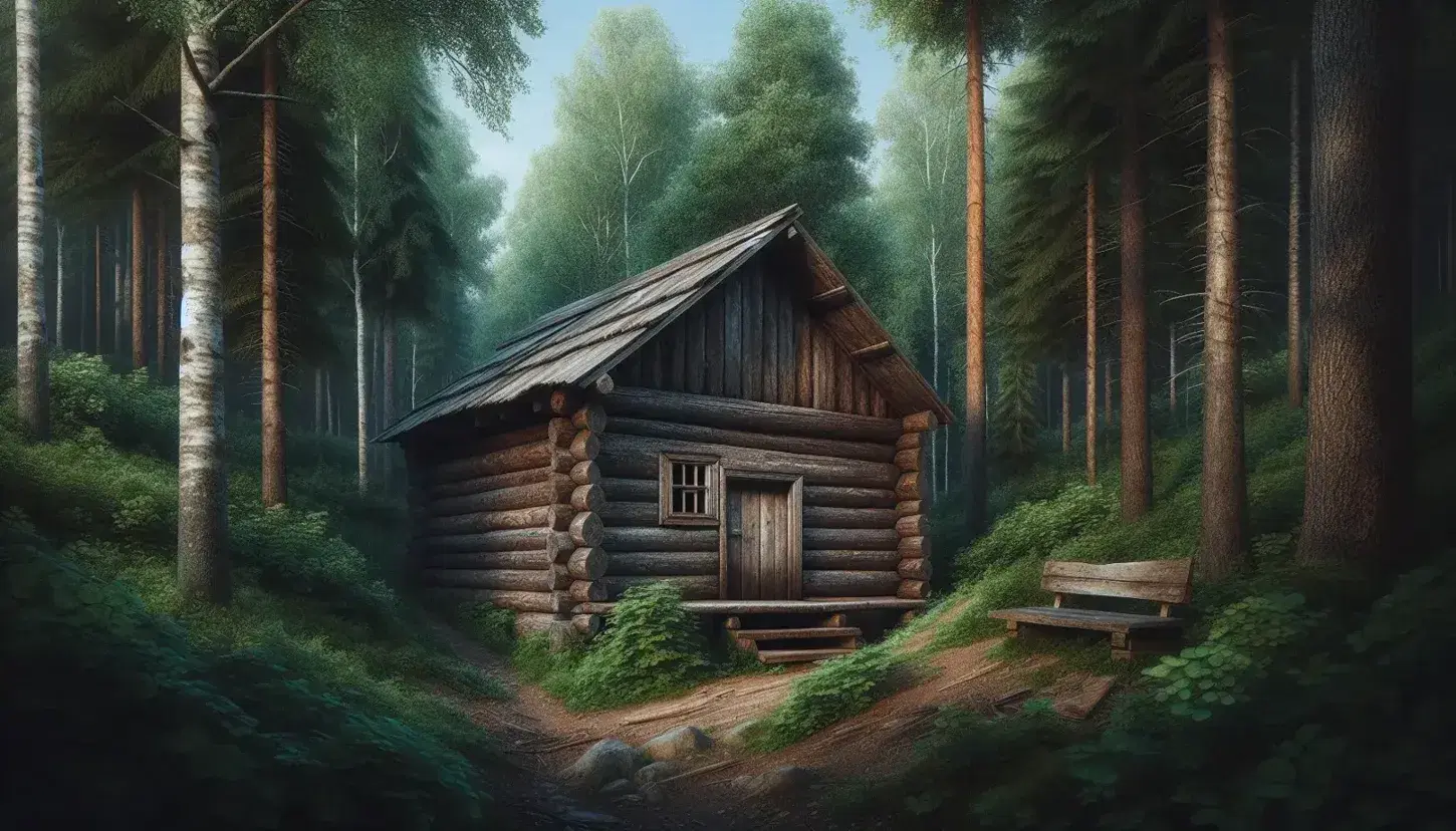 Rustic log cabin nestled in a lush summer forest with a dirt path leading to an open door and a weathered bench nearby under a clear blue sky.
