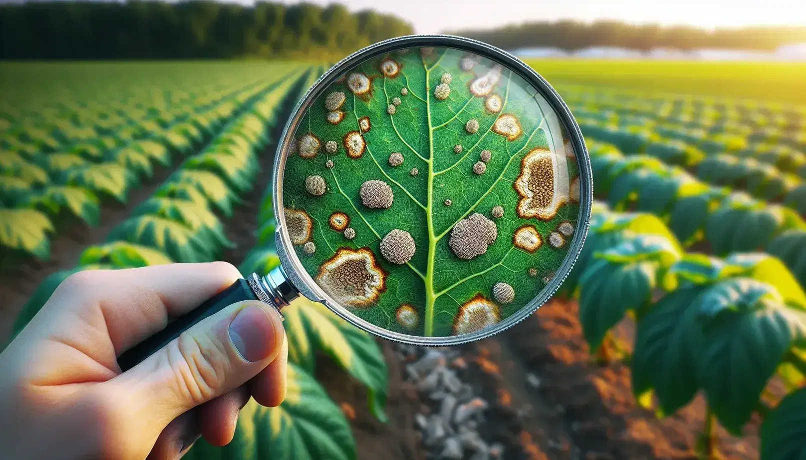 Close-up of a diseased leaf with brown spots and yellowing, magnified to show fungal spores, against a blurred agricultural field background.