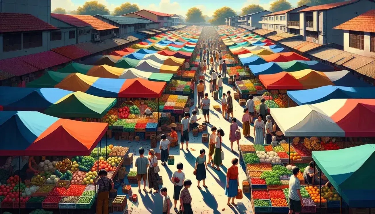 Mercado al aire libre con puestos de frutas y verduras frescas, clientes comprando y vendedores atendiendo bajo un cielo azul claro.