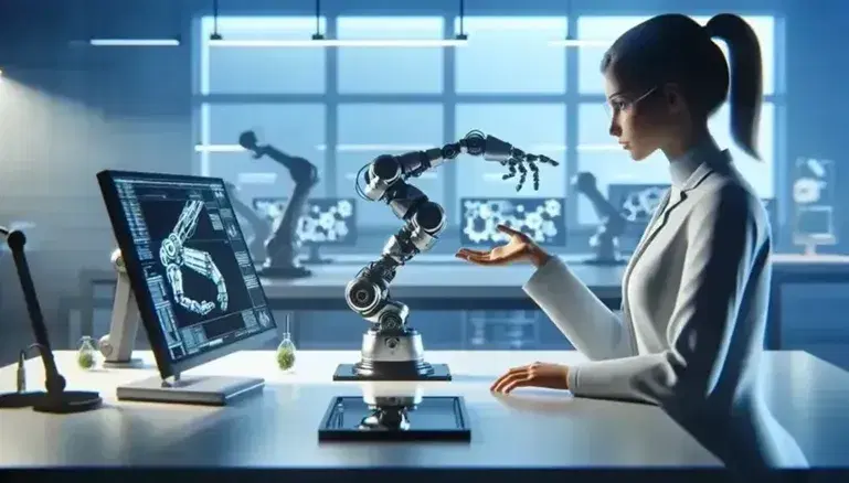Braccio robotico in laboratorio di ricerca con donna scienziata che lo programma tramite tablet, piante verdi e finestra che filtra luce naturale.