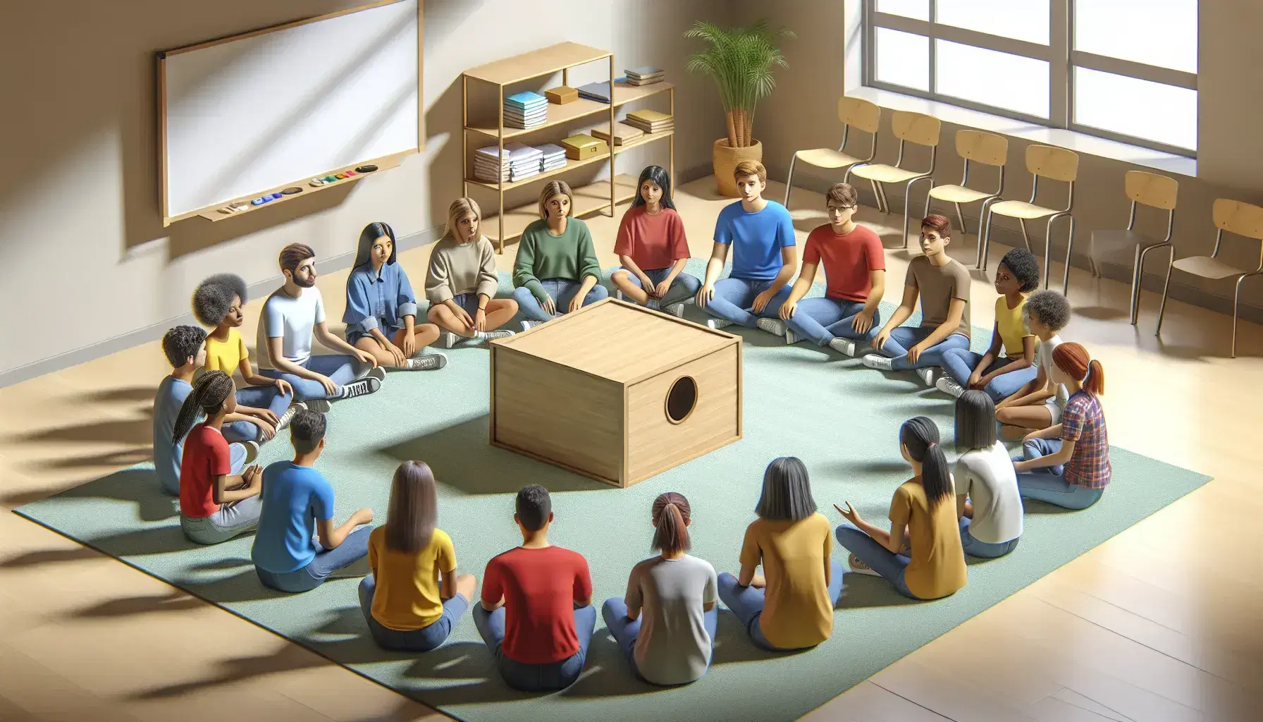 Grupo diverso de estudiantes sentados en círculo en el aula con caja de sugerencias en el centro, participando en una actividad de diálogo sin zapatos y con expresiones atentas.