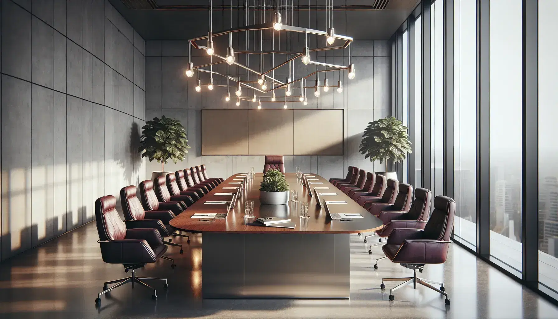 Modern conference room with a large oval wooden table, burgundy leather chairs, a geometric chandelier, and laptops on the table, bathed in natural light.