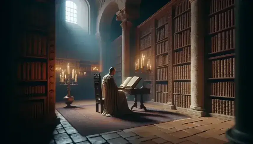Persona in toga legge un libro antico in biblioteca storica con finestra ad arco, candela accesa e scaffali di libri in pelle.